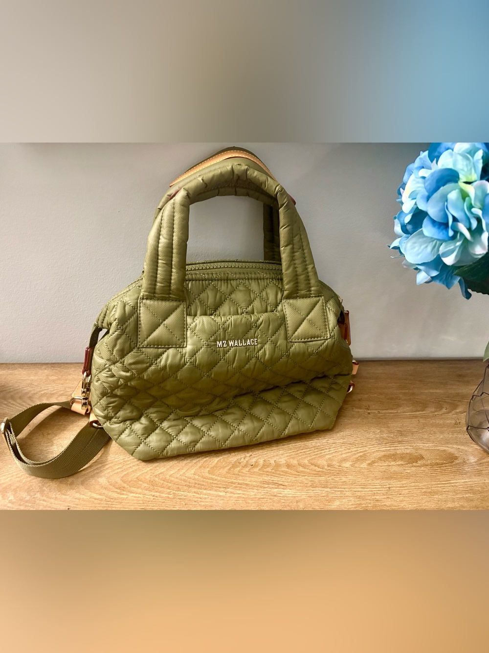 MZ Wallace Small Metro Sutton Deluxe Moss Green Quilted Nylon Crossbody Bag